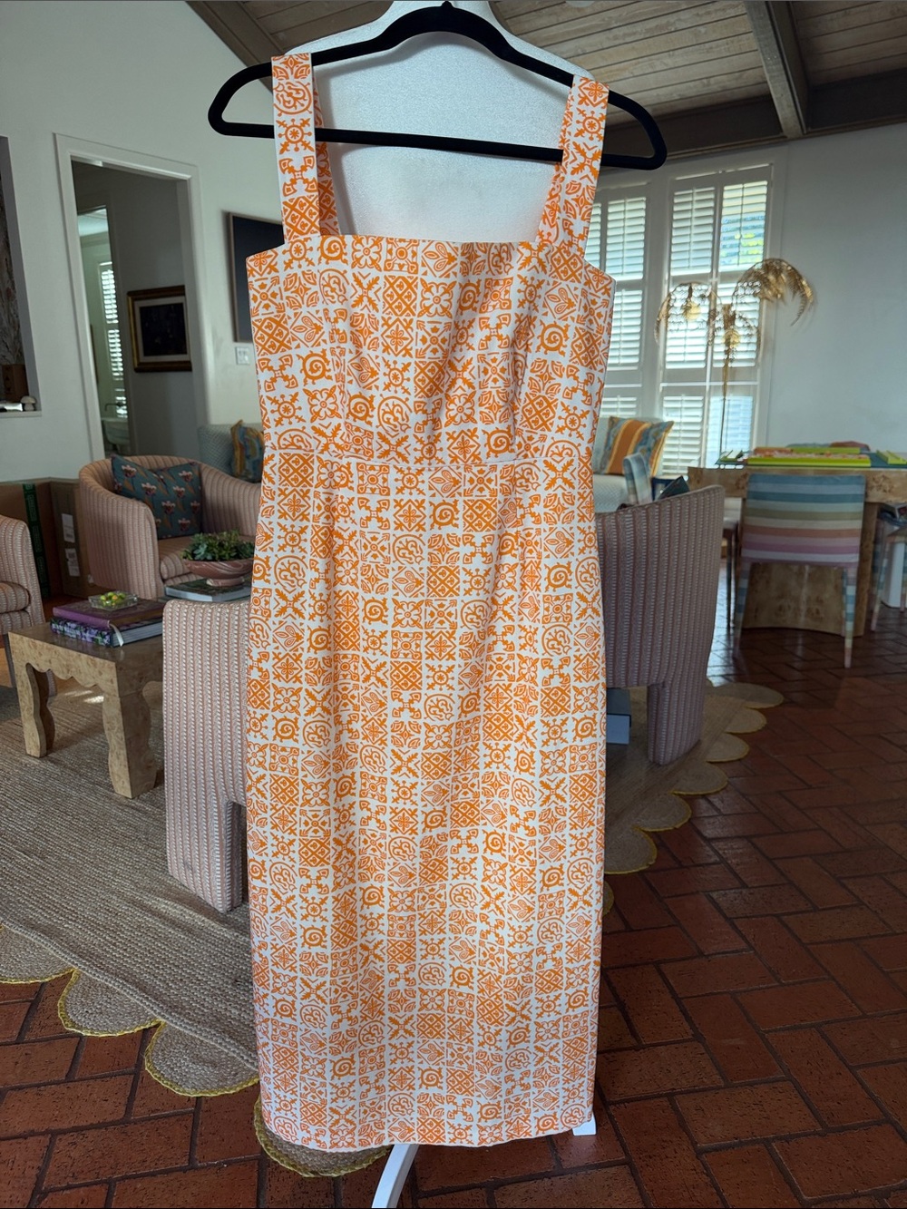 Coco Shop - Women’s Classic Slip Dress - Orange & White Midi Dress - Size: Small
